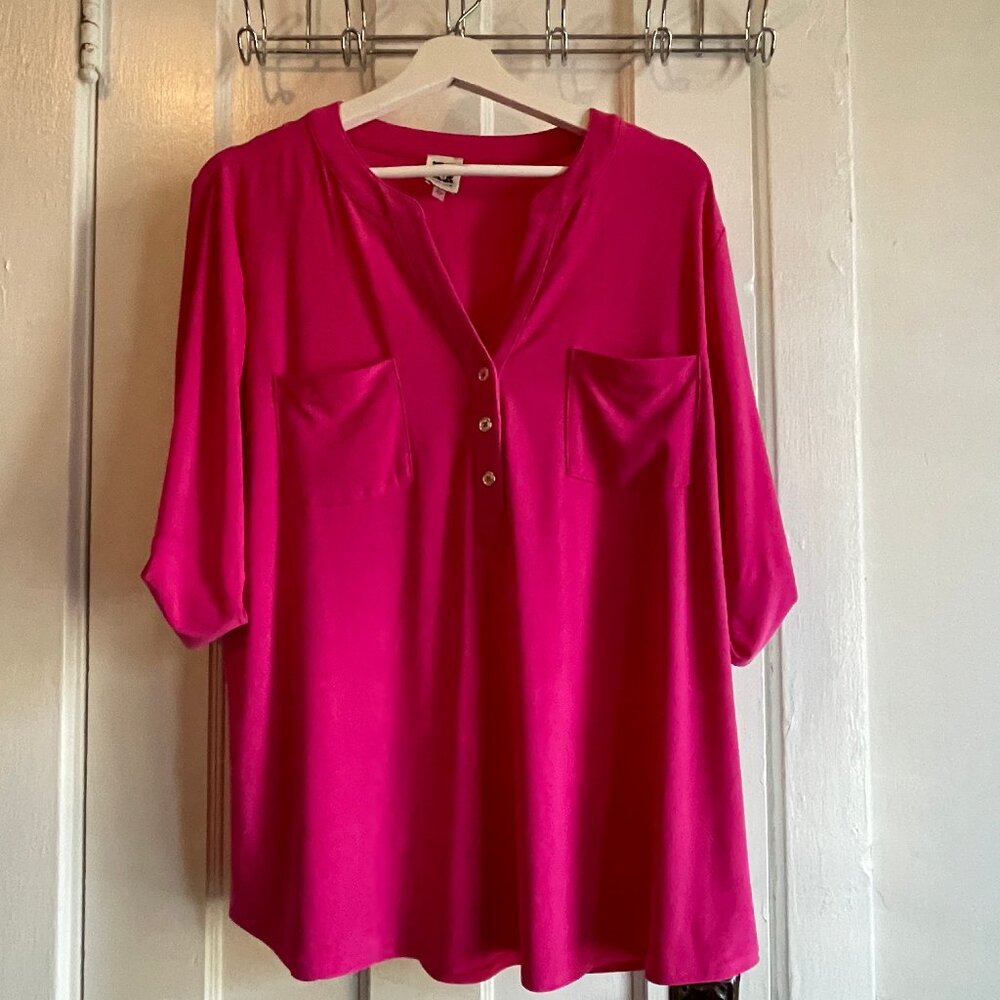 Anne Klein bright pink henley collar blouse w/ elbow-length sleeves size XL